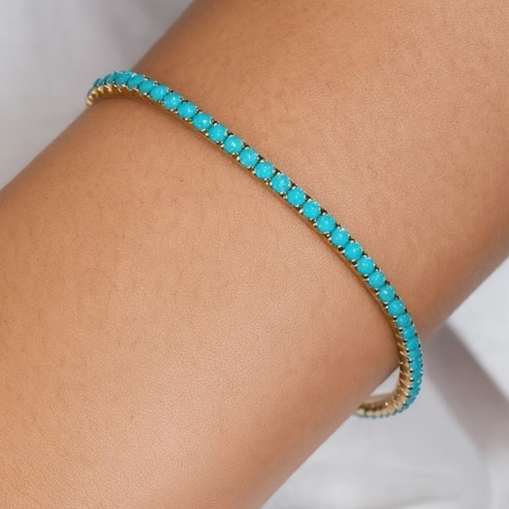 Turquoise Tennis Bracelet 3mm 18K Gold Plated 8 Inch Blue Stone Jewelry NEW